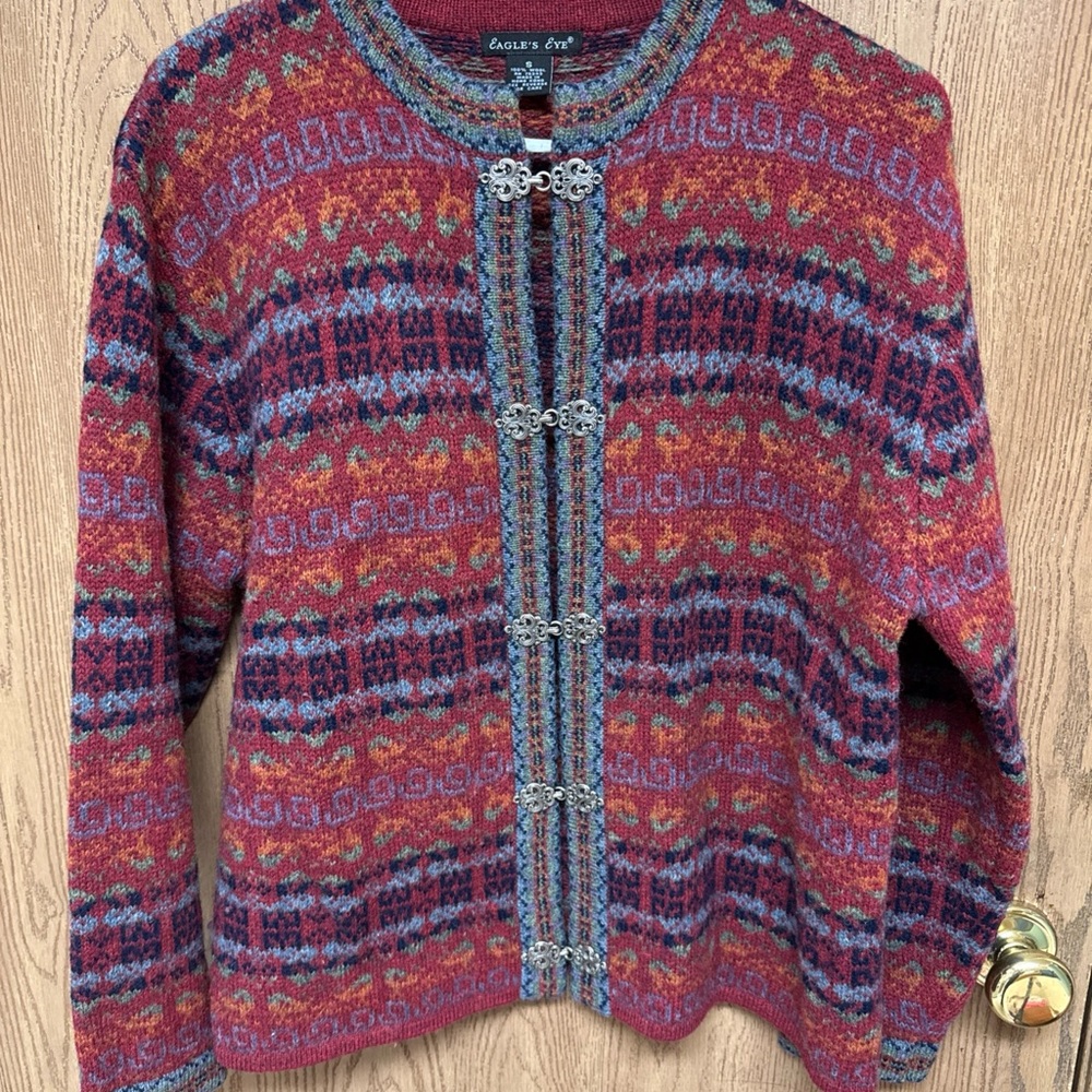 Eagle's Eye Wool Nordic Fair Isle Cardigan Sweater Sz Small Metal Clasp Dale